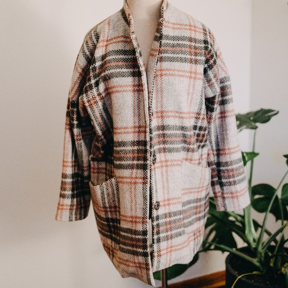 Jolt Jackets & Blazers - Jolt / Plaid Grey +Pink Cocoon Coat